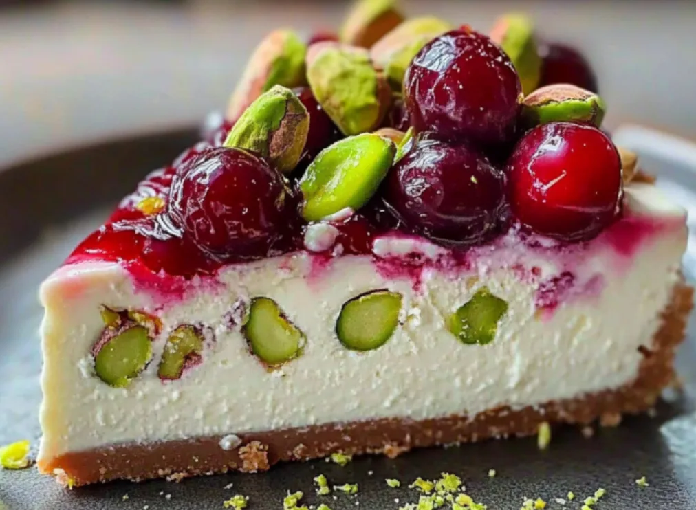 Zesty Lemon-Lime Cherry Pistachio Cheesecake