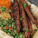 Grilled Lamb Kofta Skewers with Tabbouleh and Red Pepper Dip