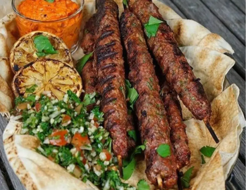 Grilled Lamb Kofta Skewers with Tabbouleh and Red Pepper Dip