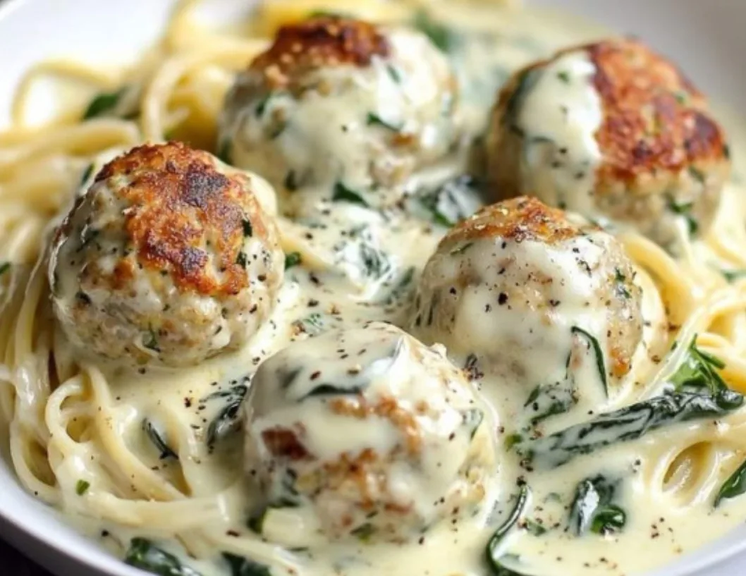 Creamy Chicken Meatballs with Spinach Alfredo Sauce