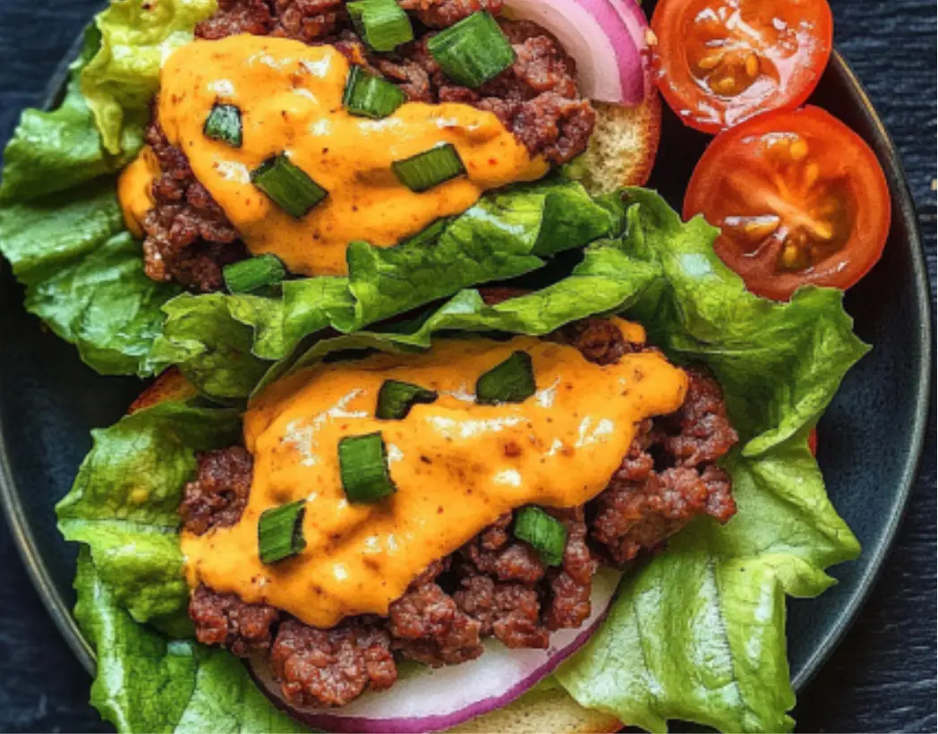 Ground Beef Lettuce Bun Sliders with Spicy Cheddar Sauce