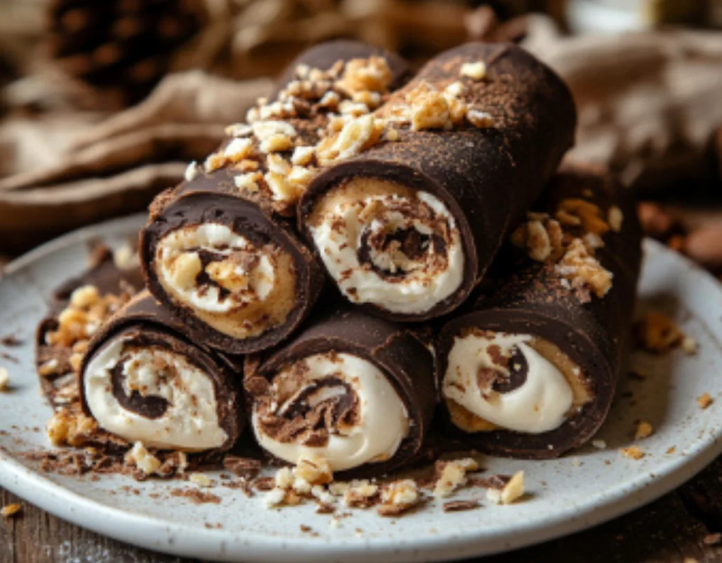 Chocolate-Covered Cannoli Rolls with Nut Crunch