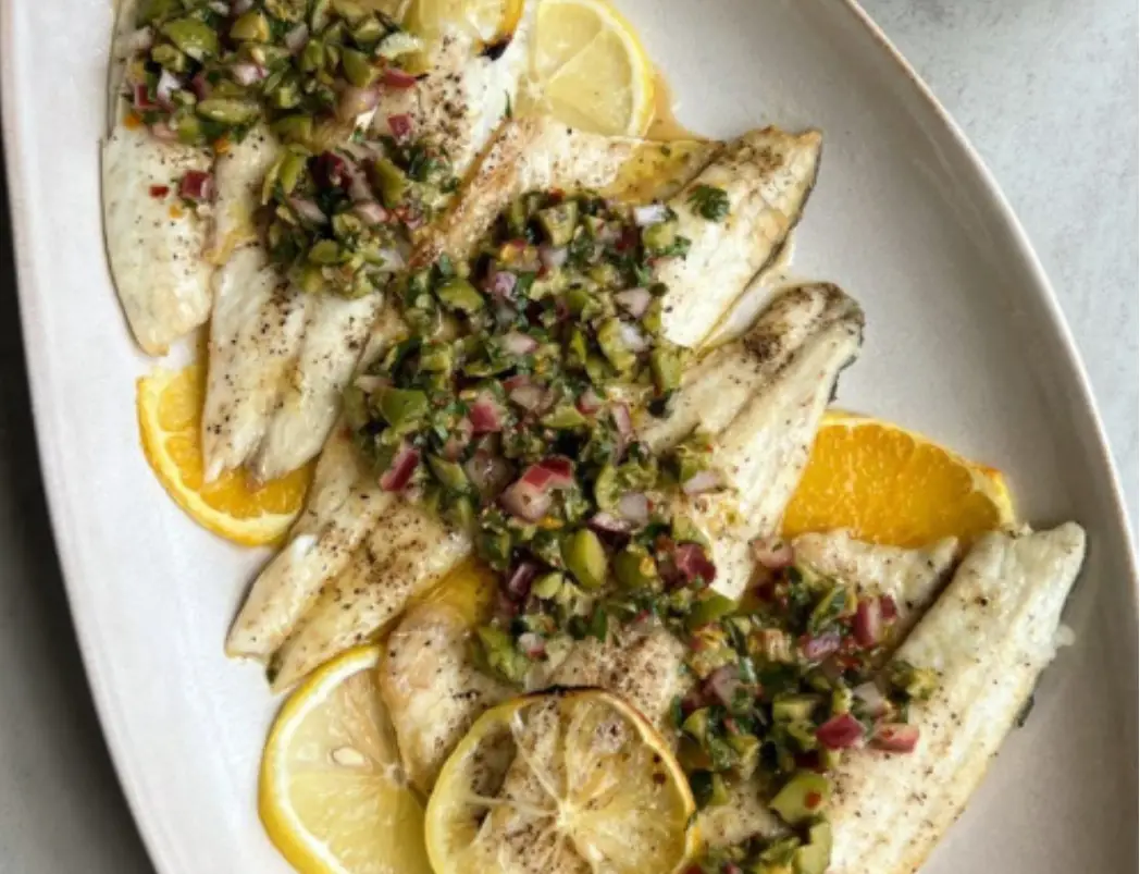 Pan-Seared Sea Bass with Olive and Herb Salsa