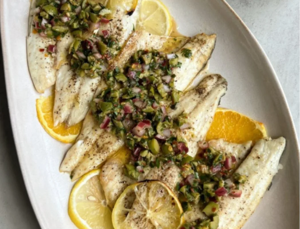 Pan-Seared Sea Bass with Olive and Herb Salsa