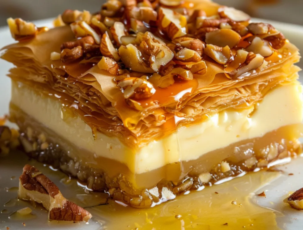 Layered Custard Baklava with Nuts and Honey Syrup