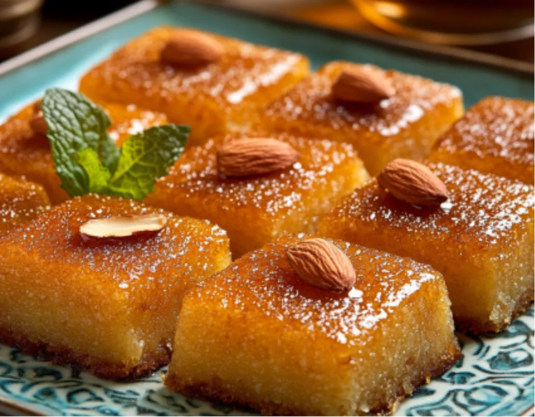 Traditional Middle Eastern Basbousa (Semolina Cake with Almonds)