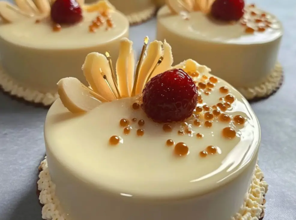 White Chocolate Mousse Cakes with Strawberry Garnish