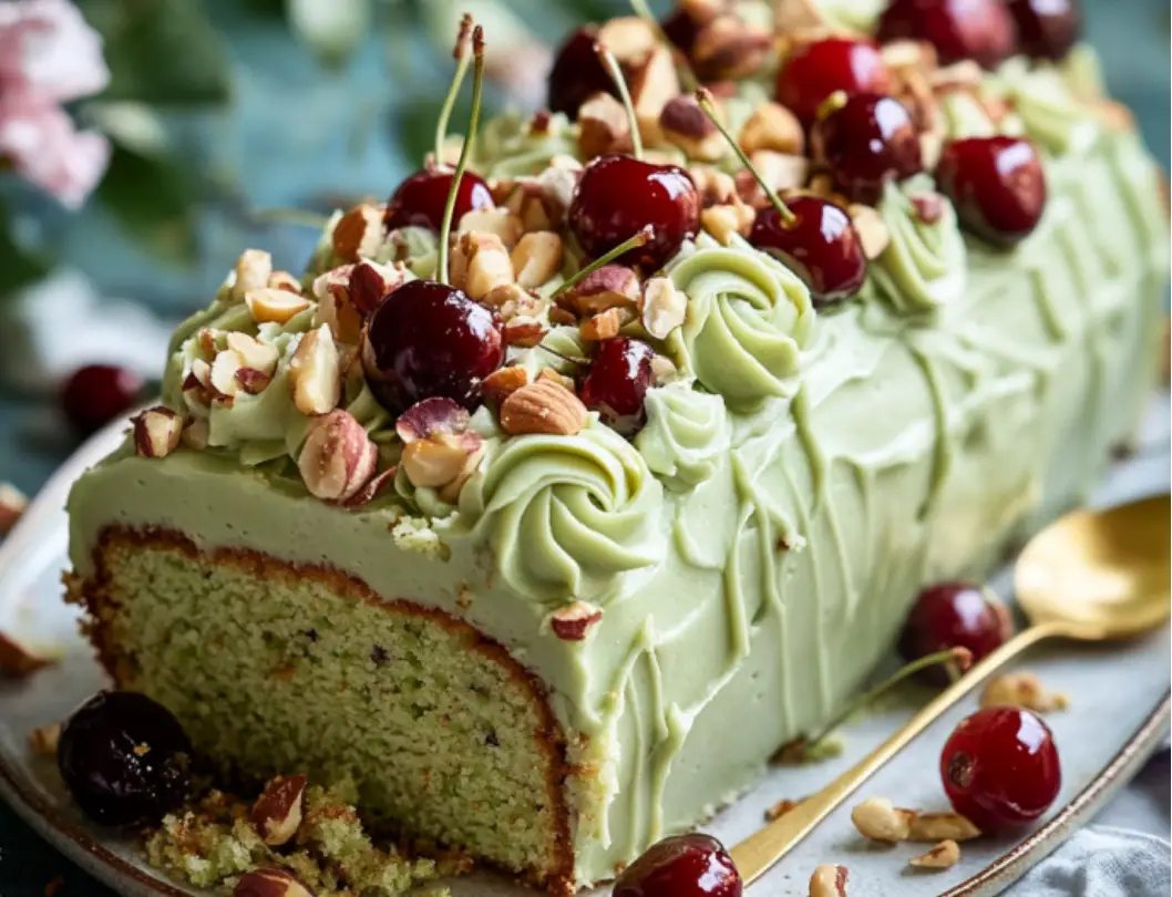 Pistachio Cherry Loaf Cake with Almond Buttercream