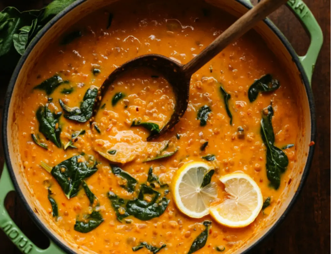 Creamy Red Lentil Soup with Spinach and Lemon