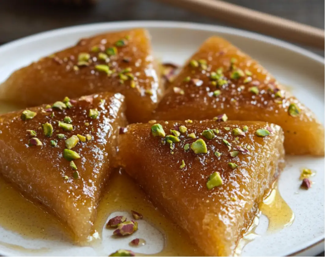 Honey-Soaked Semolina Triangles with Pistachios