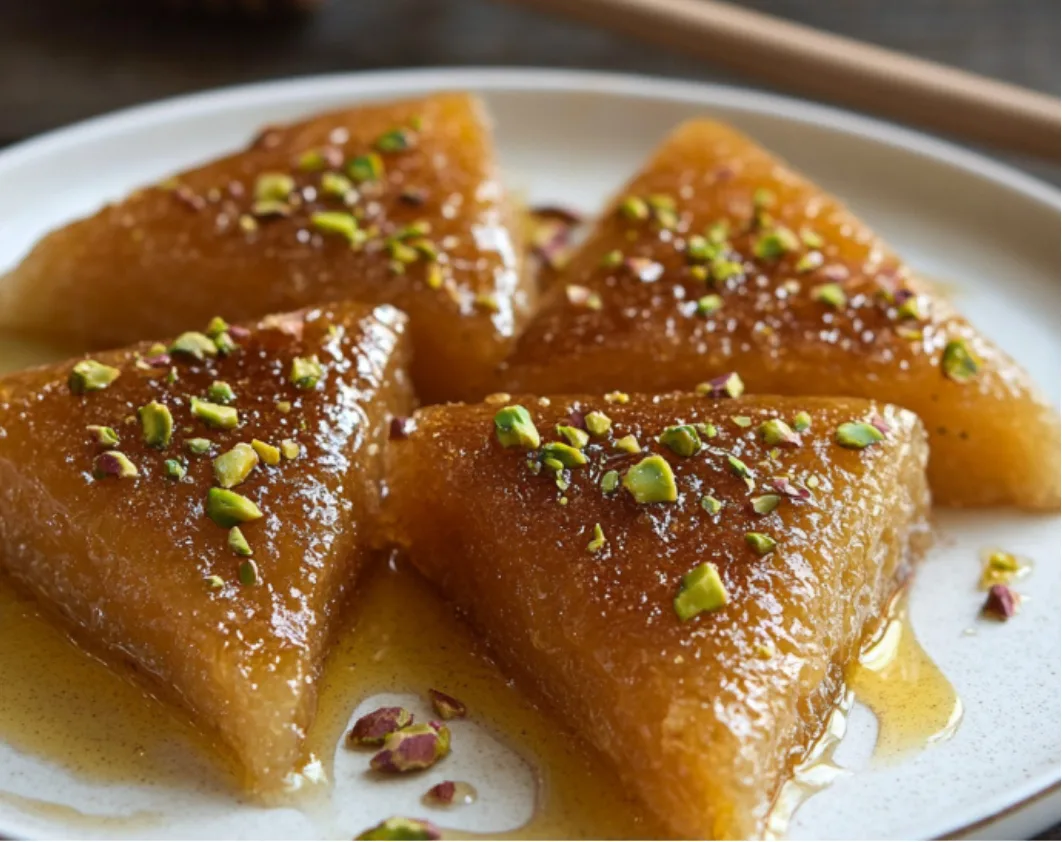 Honey-Soaked Semolina Triangles with Pistachios