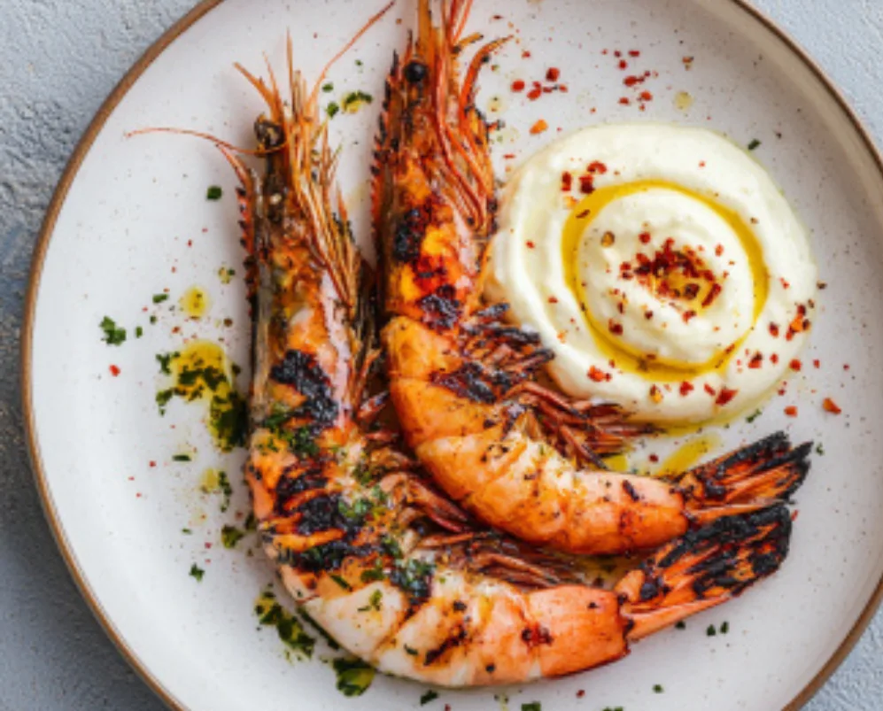 Grilled Prawns with Creamy Mashed Potatoes and Herb Oil