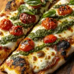Homemade Pesto Flatbread Pizza with Roasted Tomatoes and Mozzarella