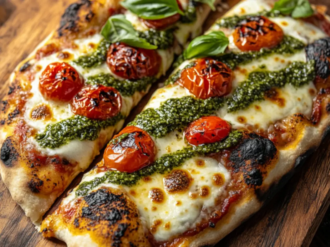 Homemade Pesto Flatbread Pizza with Roasted Tomatoes and Mozzarella