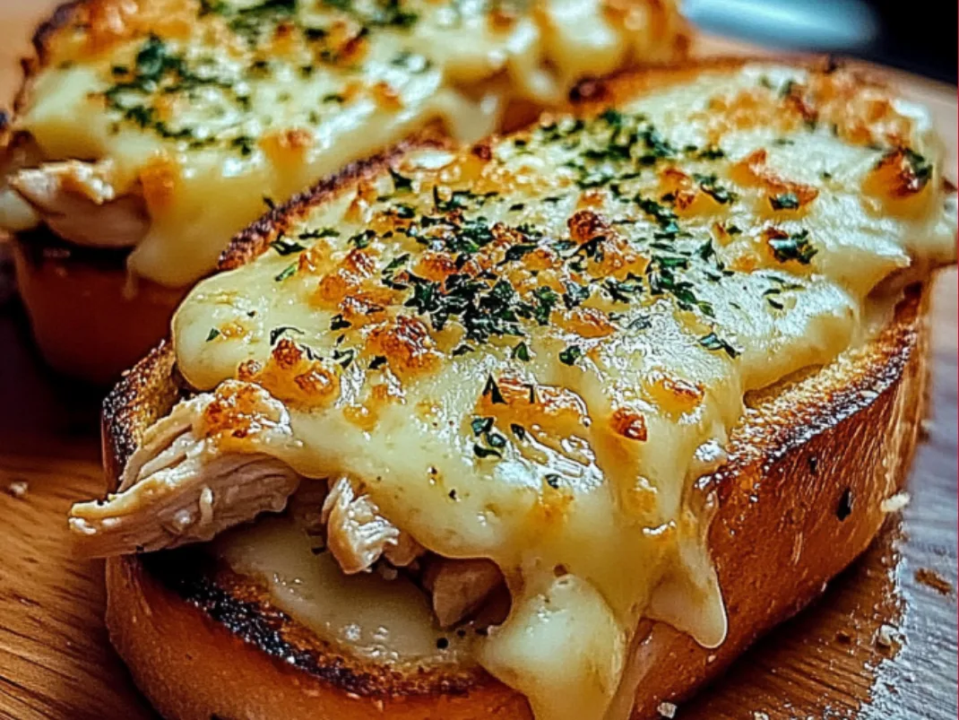 Open-Faced Chicken Melt on Garlic Bread