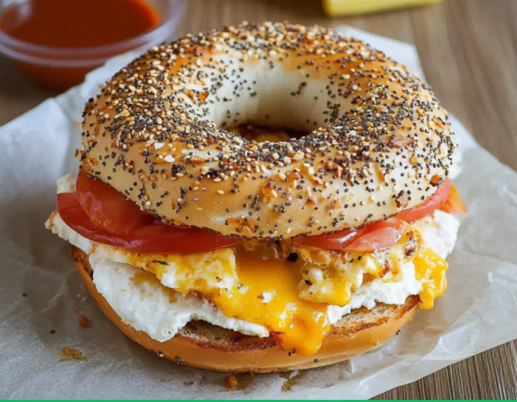 Cheesy Egg and Tomato Breakfast Bagel