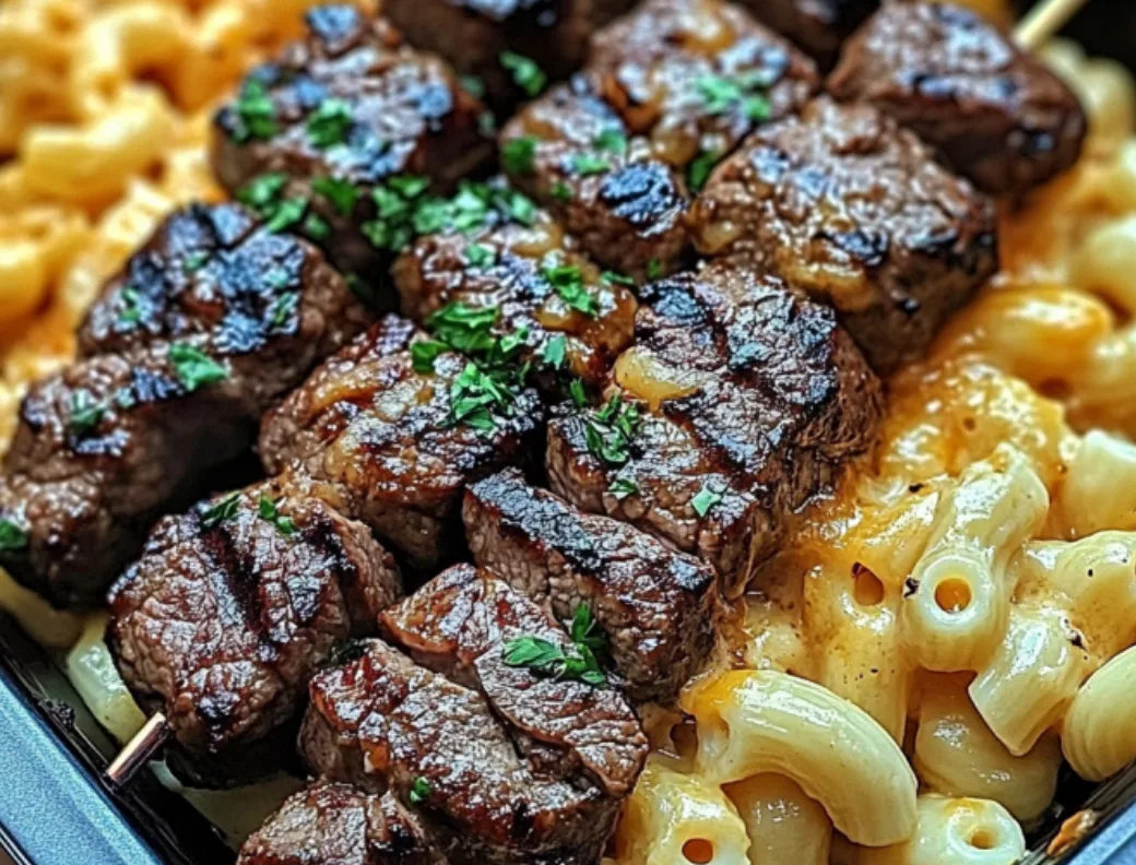 BBQ with Pasta: Juicy Beef Skewers & Creamy Mac and Cheese Combo