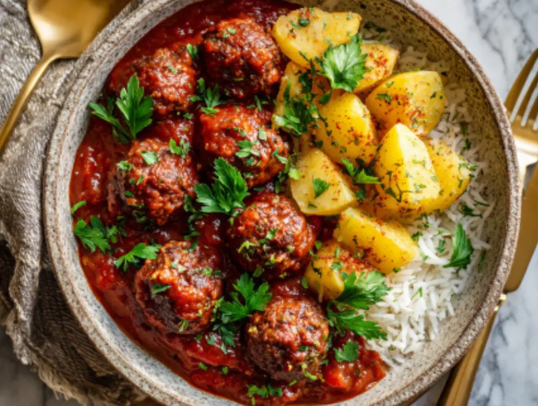 Dawood Basha (Lebanese Meatballs with Potatoes & Rice)