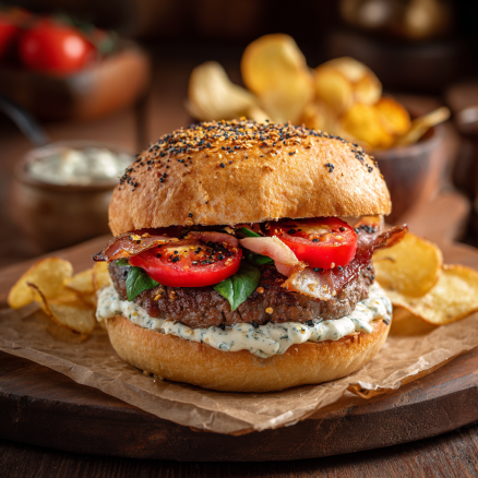 Gourmet Bacon Basil Burger with Herbed Aioli