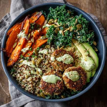 Harvest Grain Bowl with Falafel & Avocado Goddess Dressing