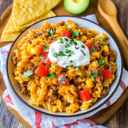 Cheesy Taco Pasta Skillet with Ground Beef