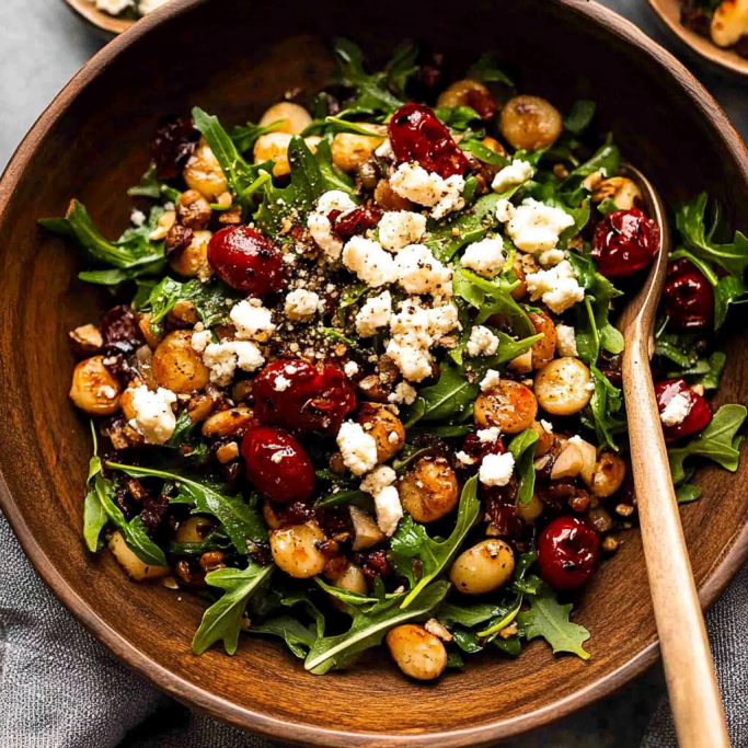 Warm Arugula Salad with Roasted Grapes and Goat Cheese