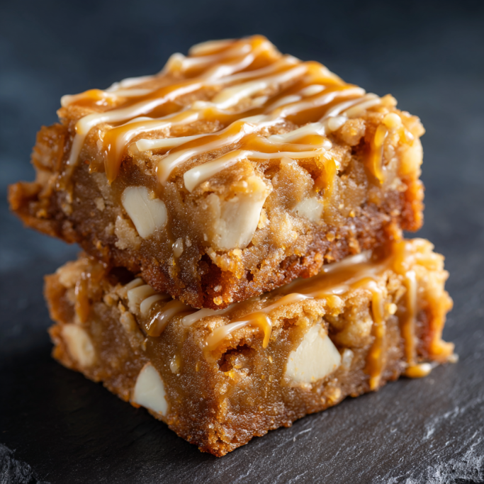 White Chocolate Macadamia Blondies with Caramel Drizzle