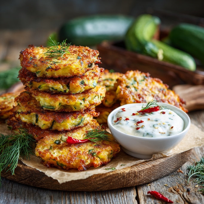 Crispy Zucchini Fritters with Herbed Yogurt Dip