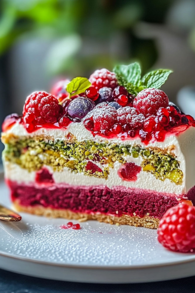 How to Make a Beautiful Mixed Berry Pistachio Layer Cake with Creamy Filling and Fresh Fruit Topping