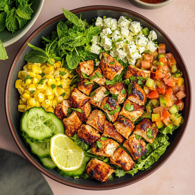 Grilled Chicken Salad Bowl with Fresh Vegetables and Feta