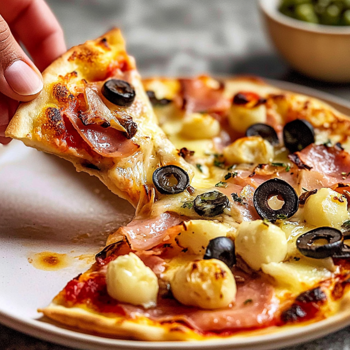 Homemade Thin Crust Pizza with Ham, Olives, and Mozzarella Balls