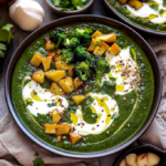 Creamy Spinach Soup with Roasted Potatoes and Broccoli