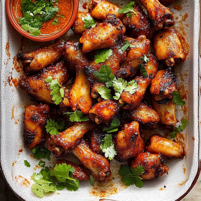 Spicy Baked Chicken Wings with Cilantro and Smoky Chili Glaze