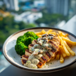 Grilled Chicken Breast with Creamy Mushroom Sauce, Broccoli, and Fries