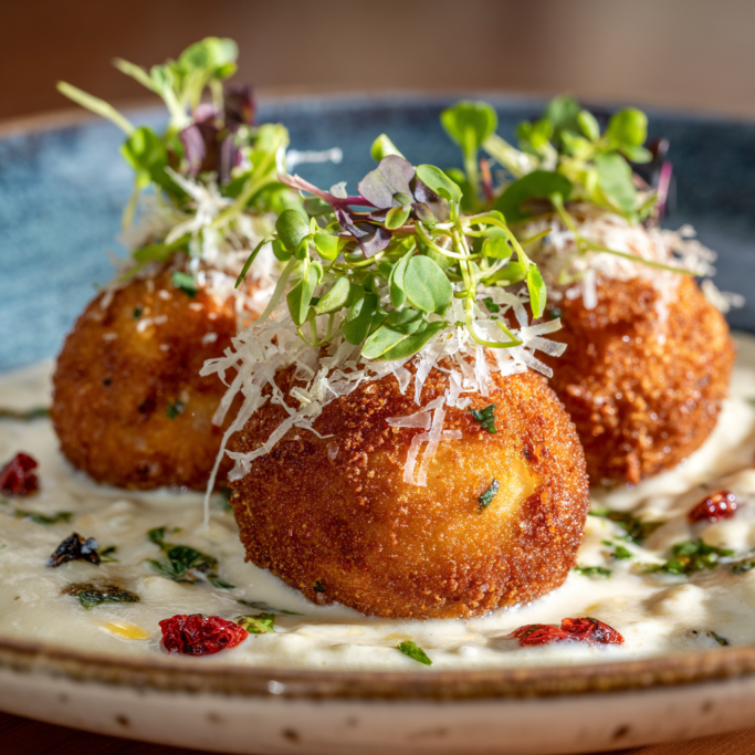 Crispy Arancini with Parmesan Cream Sauce and Microgreens: An Italian Appetizer Favorite