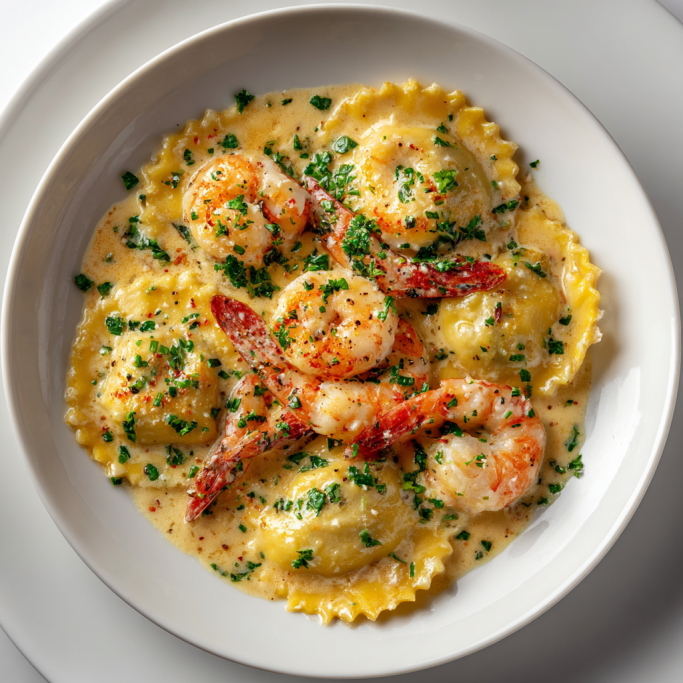 Shrimp and Cheese Ravioli in Garlic Cream Sauce with Fresh Herbs and Cracked Pepper