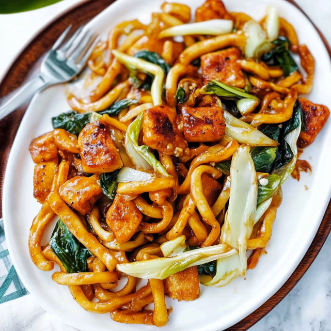 Spicy Stir‑Fried Udon Noodles with Tofu and Bok Choy