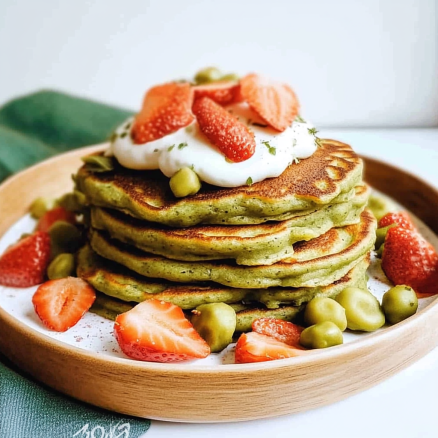 Fluffy Matcha Pancakes with Strawberries & Cream
