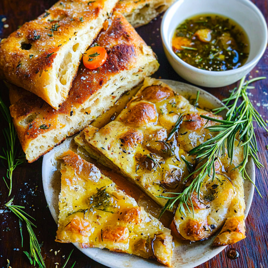 Garlic Rosemary Focaccia Bread with Olive Oil Dip