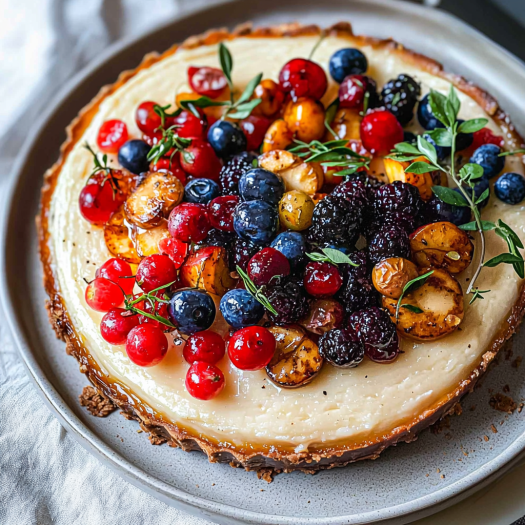Classic Vanilla Cheesecake Topped with Glazed Mixed Berries and Fresh Herbs