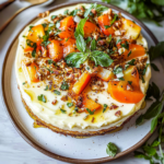 Moist Apricot Carrot Cake with Cream Cheese Frosting and Fresh Herb Garnish