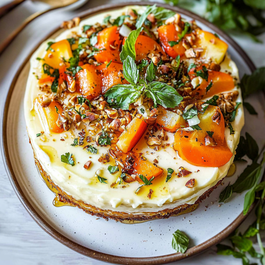 Moist Apricot Carrot Cake with Cream Cheese Frosting and Fresh Herb Garnish
