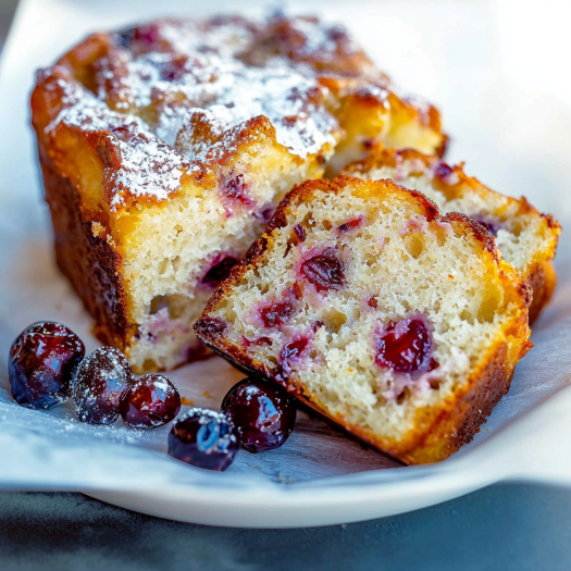 Cranberry-Studded Yogurt Loaf Cake Lightly Dusted with Powdered Sugar