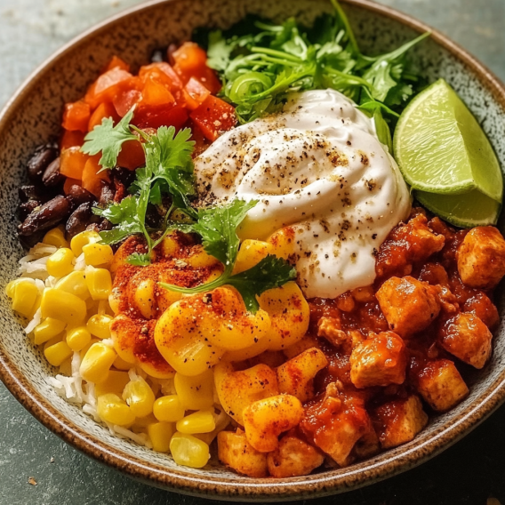 Tofu Rice Bowl with Corn and Beans