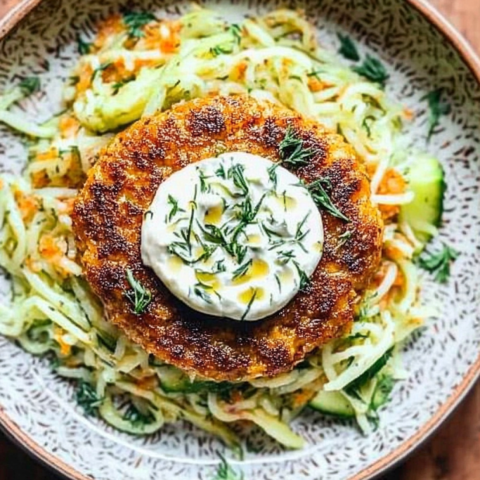 Salmon Cake with Slaw and Cream Sauce