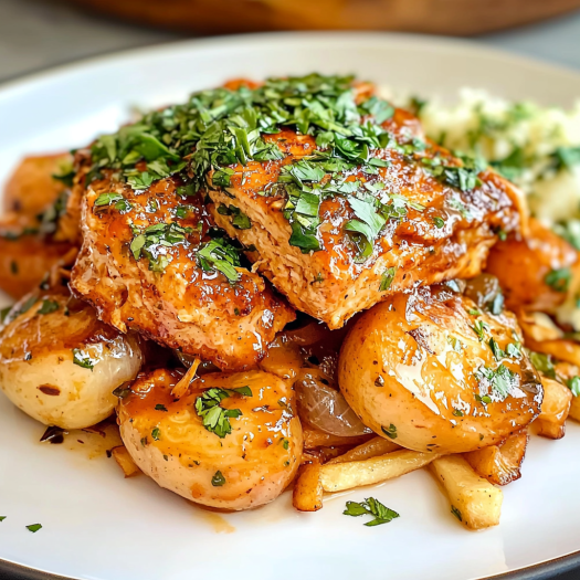 Roasted Chicken Breast with Baby Potatoes and Caramelized Onion Herb Gravy