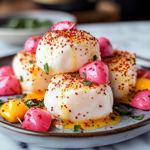 Spicy Mango and Pickled Radish Rice Bites with Tangy Mustard Seeds