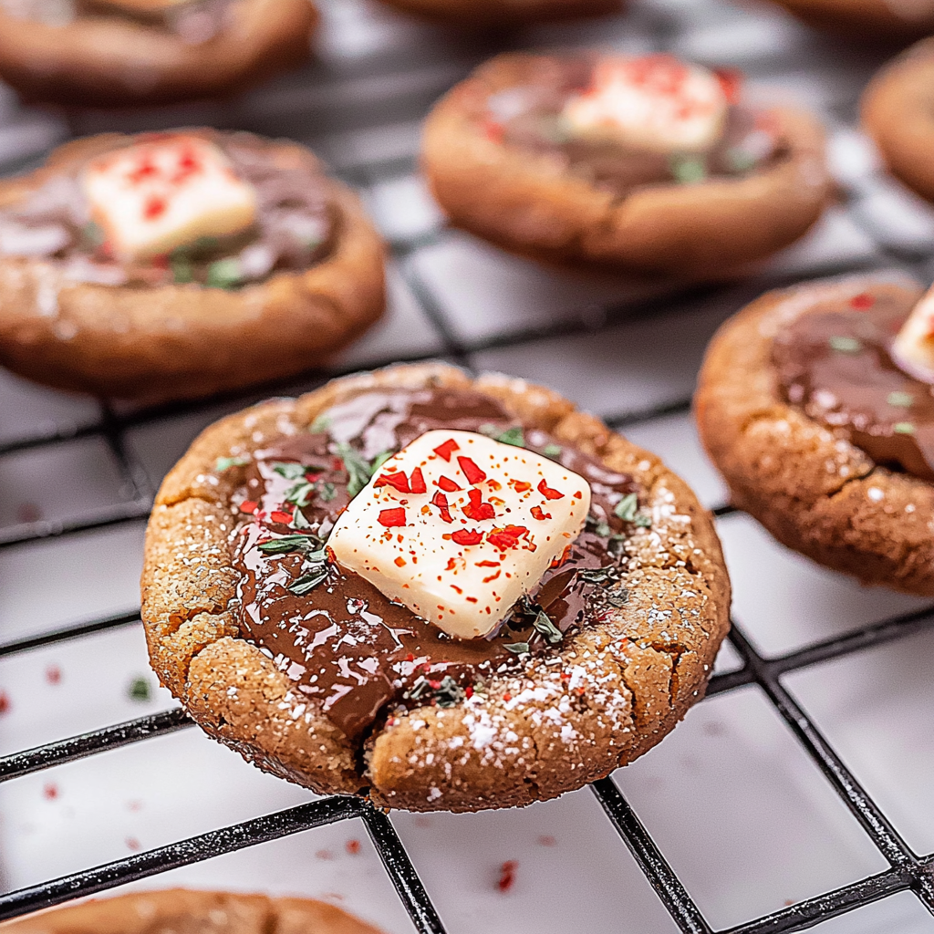 Peppermint Bark Chocolate Thumbprint Cookies with Melted Chocolate Centers and Festive Candy Topping 2 Peppermint Bark Chocolate Thumbprint Cookies with Melted Chocolate Centers and Festive Candy Topping