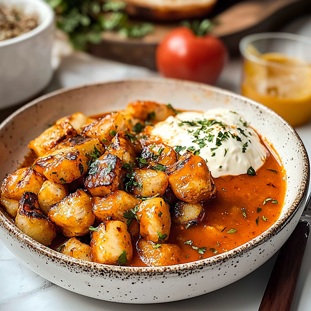 Crispy Potatoes in Spiced Tomato Sauce with Sour Cream – A Comforting Vegetarian Dish with Bold Flavors and Creamy Contrast 2 Crispy Potatoes in Spiced Tomato Sauce with Sour Cream – A Comforting Vegetarian Dish with Bold Flavors and Creamy Contrast
