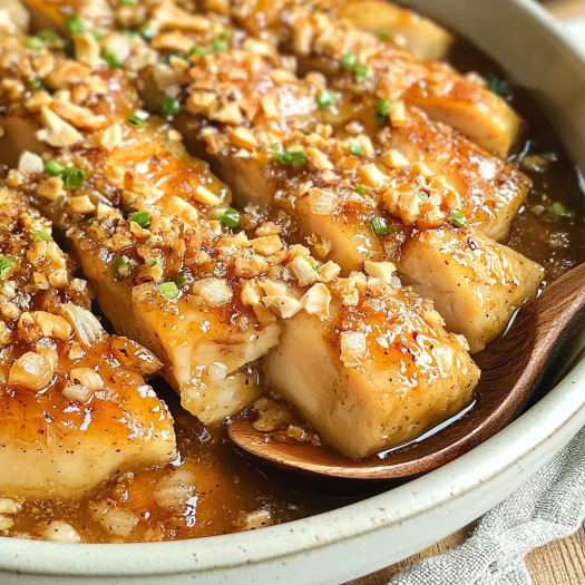 Baked Yuca with Garlic Butter Sauce and Toasted Peanuts
